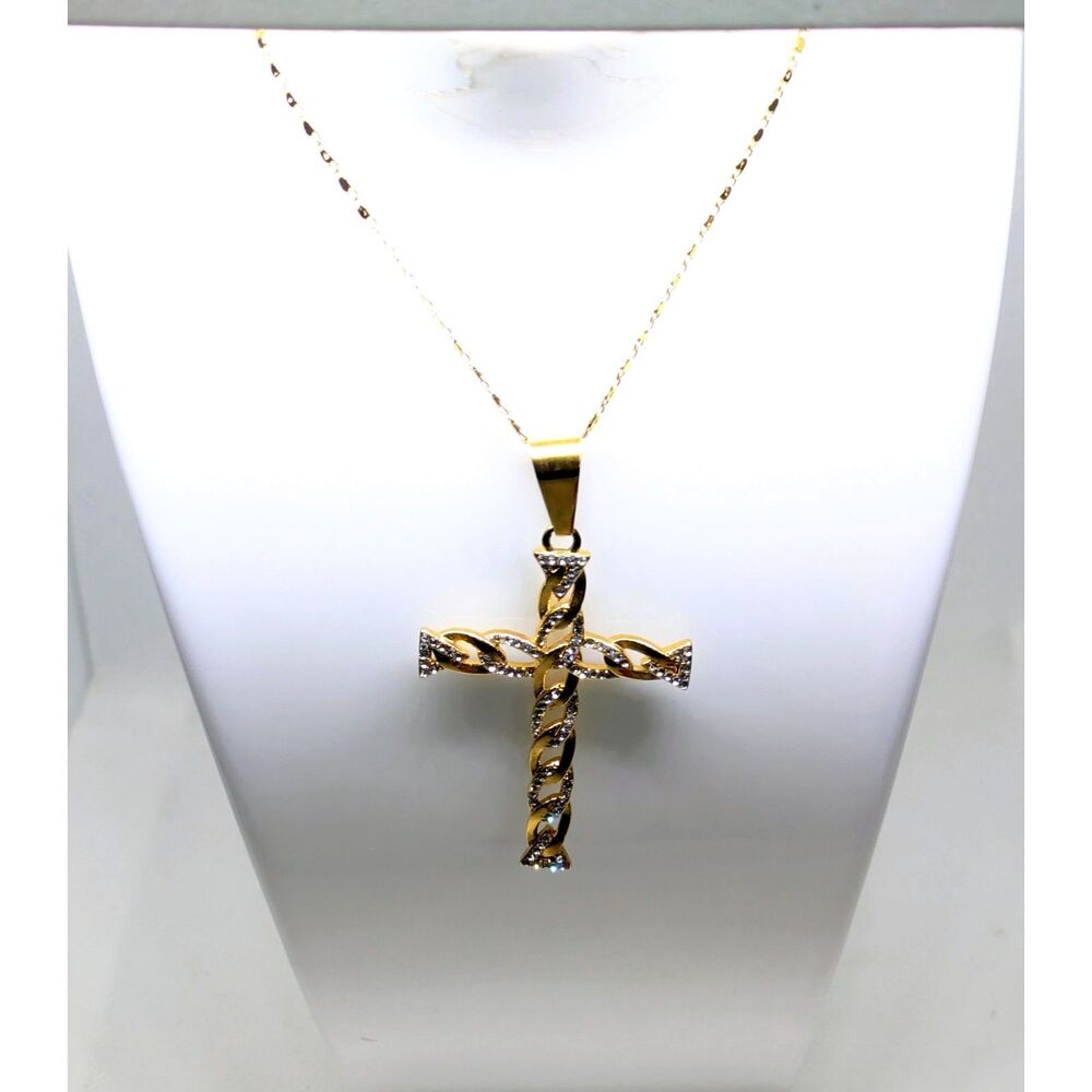 Gold Tone double sided CZ Cross Pendant with 18 inch Chain (unisex) (Reversible)
